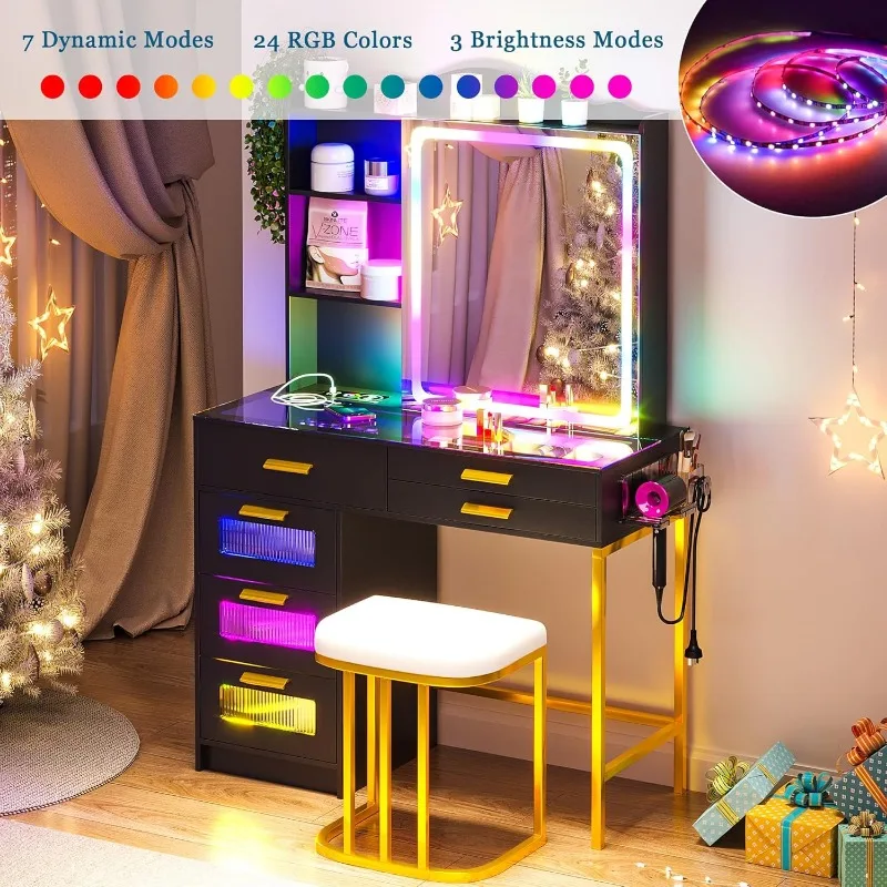 Vanity Desk with Mirror and Lights, RGB LED, Charging Station, 7 Dynamic and 24 Static Dimmable, Sensor Lights Dressing Table image 6