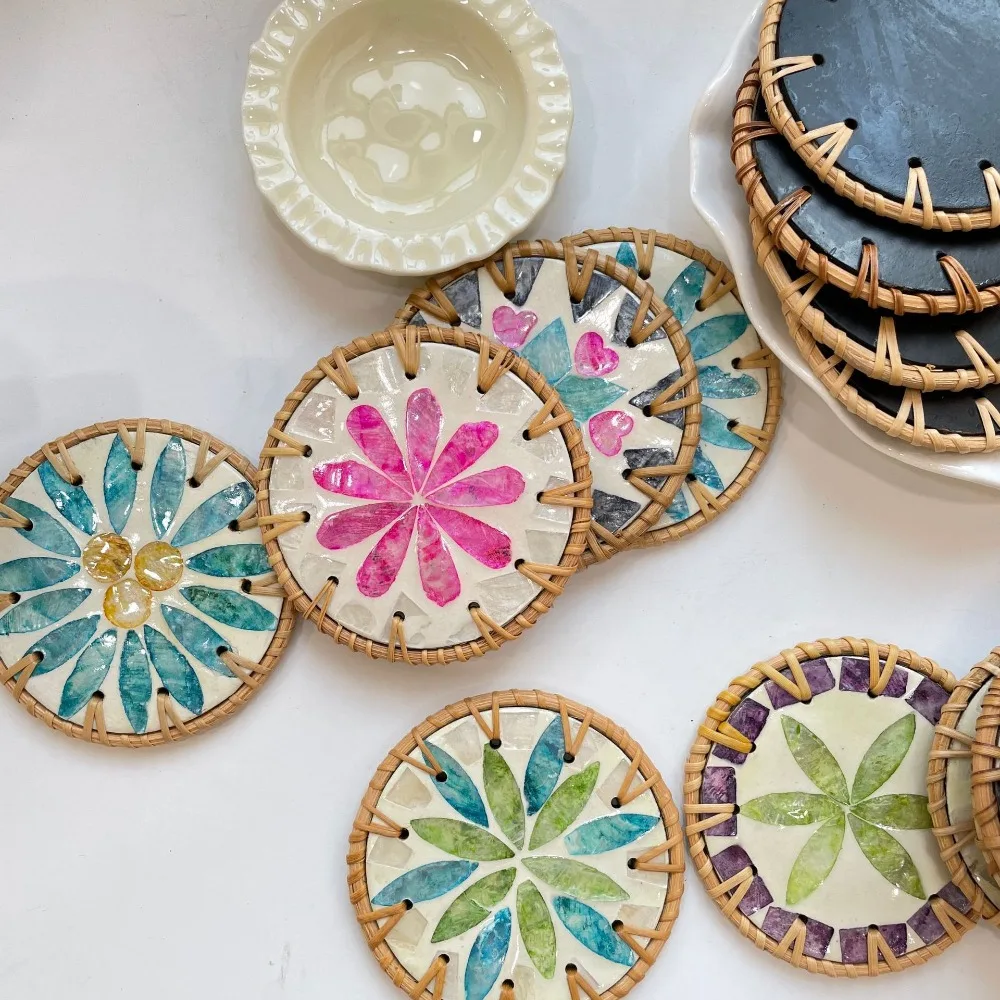 

Table Decoration 10cm Rattan Shell Cup Mat Colorful Bohemian Style Seashell Cup Mat Round Coaster Kitchen