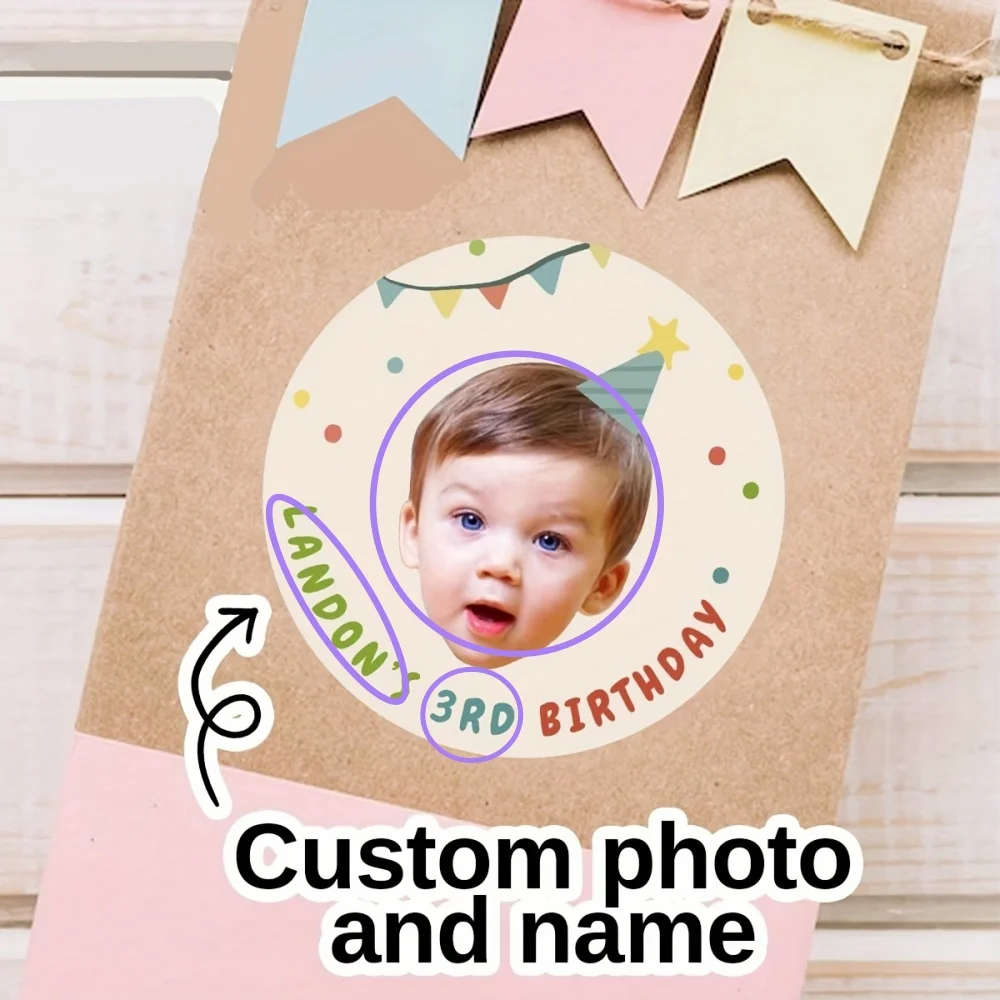 Autocollants d'anniversaire personnalisés avec photo, autocollants d'étiquettes personnalisées, autocollants de remerciement personnalisables, autocollants ronds, cadeaux d'anniversaire