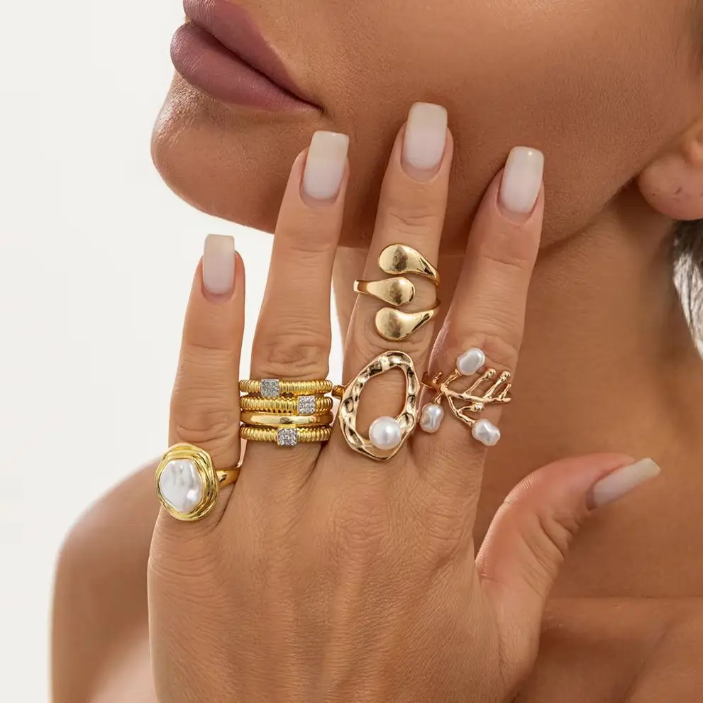 KunJoe 5Pcs/Set Fashion Gold Color Geometric Open Rings Women Charm Rhinestone Imitation Pearl Irregular Adjustable Ring Jewelry