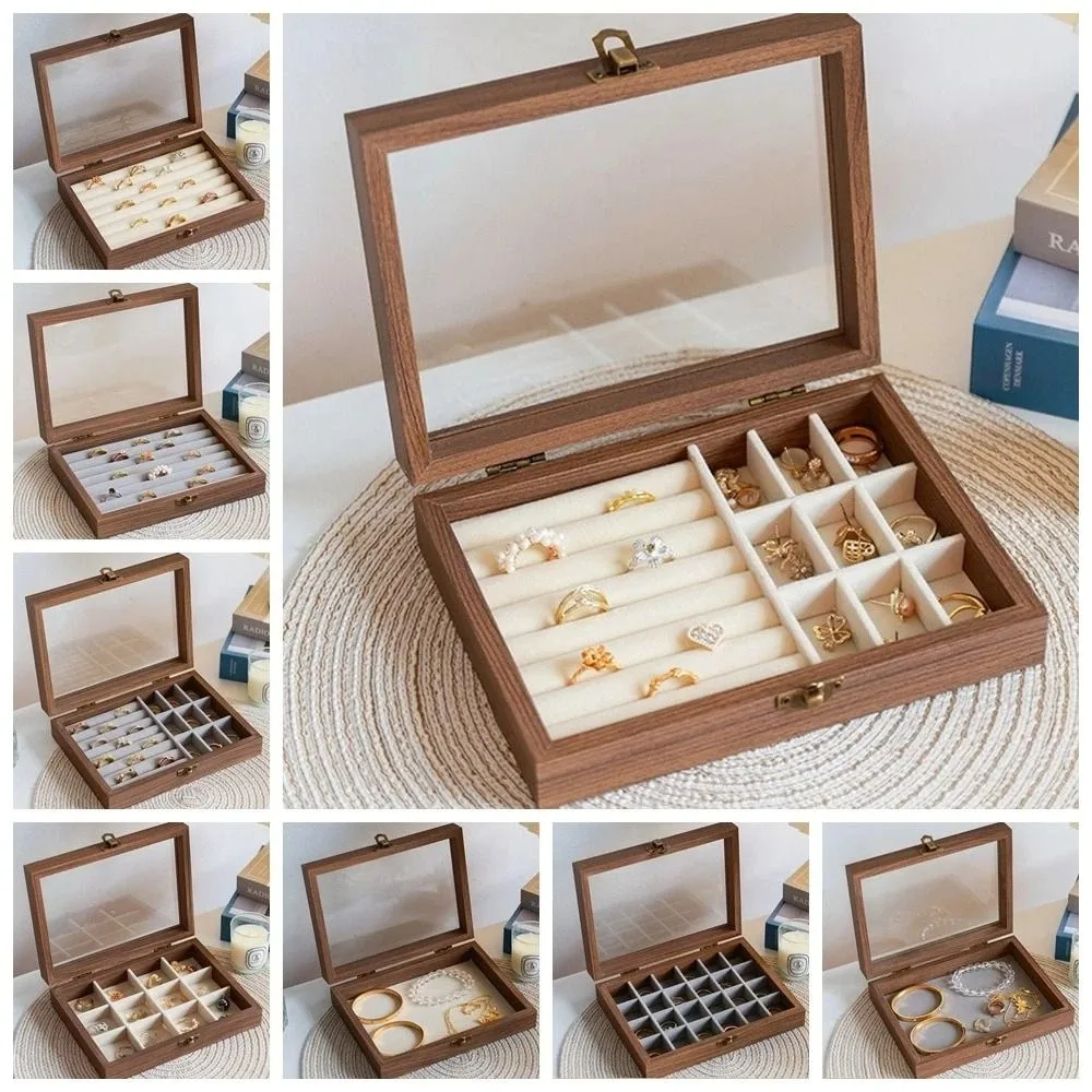 

Multipurpose Elegant Wood Jewelry Box Glass Lid Dust-proof Jewelry Organizer Velvet Storage Box Earrings Display Tray Store
