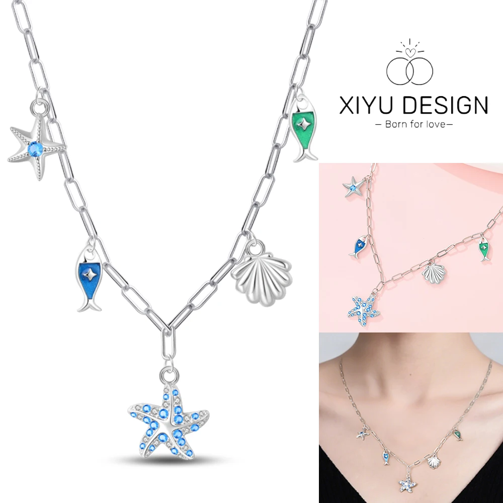 

Summer Ocean Beach Series 925 Silver Starfish Shell Fish Necklace Sparkling Women's Jewelry Gift Fashion Light Luxury Making