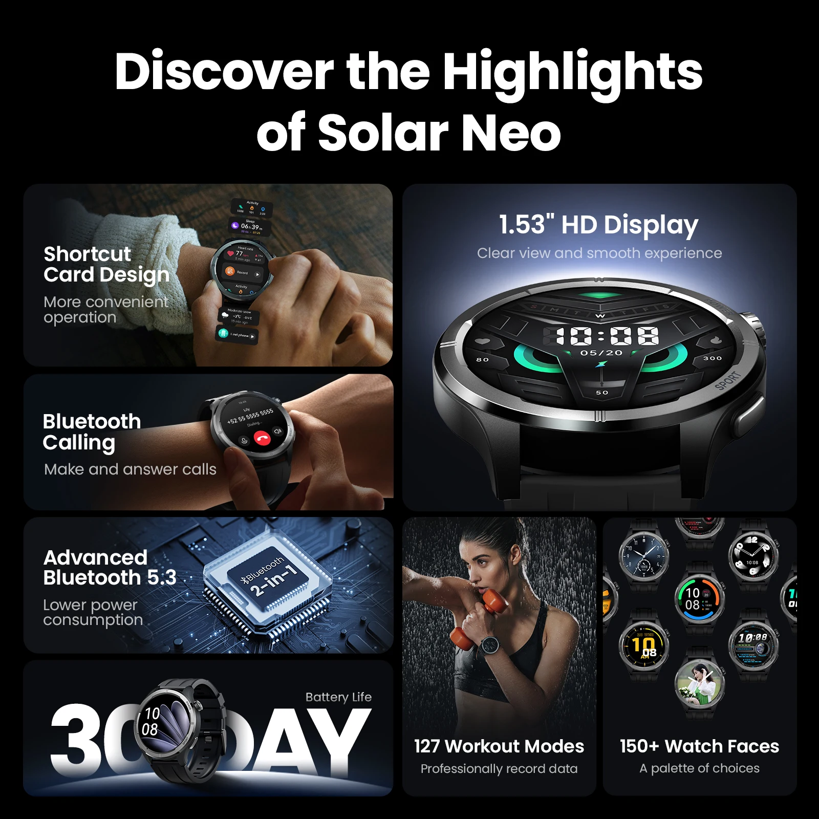 HAYLOU Solar Neo Smartwatchs Ultra-large 1.53'' HD Display 24H Health Monitoring Bluetooth Calling Smart Watch with Dual Straps