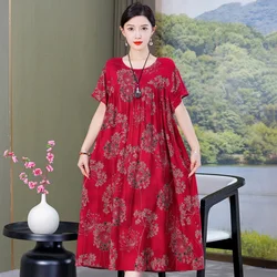 Loose Vintage Print Long Dress for Women Casual Short Sleeve Summer Women's Dresses Elegant Korean Clothing