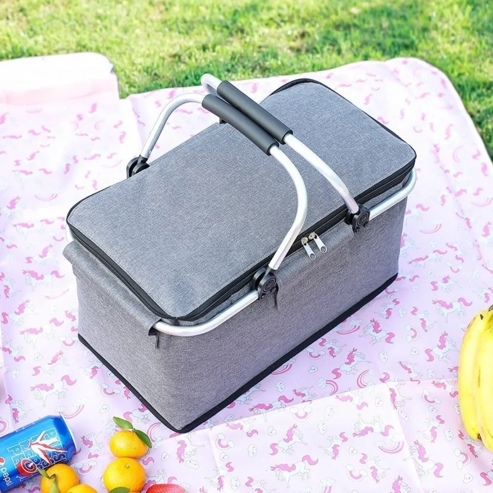 Large Capacity Insulated Picnic Basket Aluminum Foil Lining Leak Proof Thermal Lunch Bag Strong Metal Handle