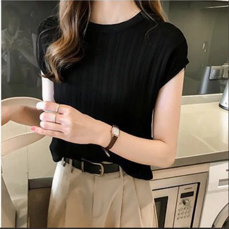 Women Summer Simplicity Loose Fashion Solid color Striped O-neck short sleeve Knitwear women clothes Casual All-match trend tops