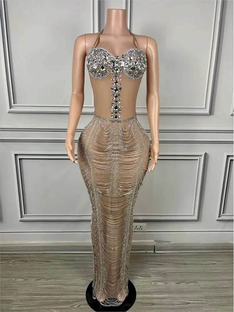 New Sexy Rhinestones Chain Long Evening Party Dress For Women