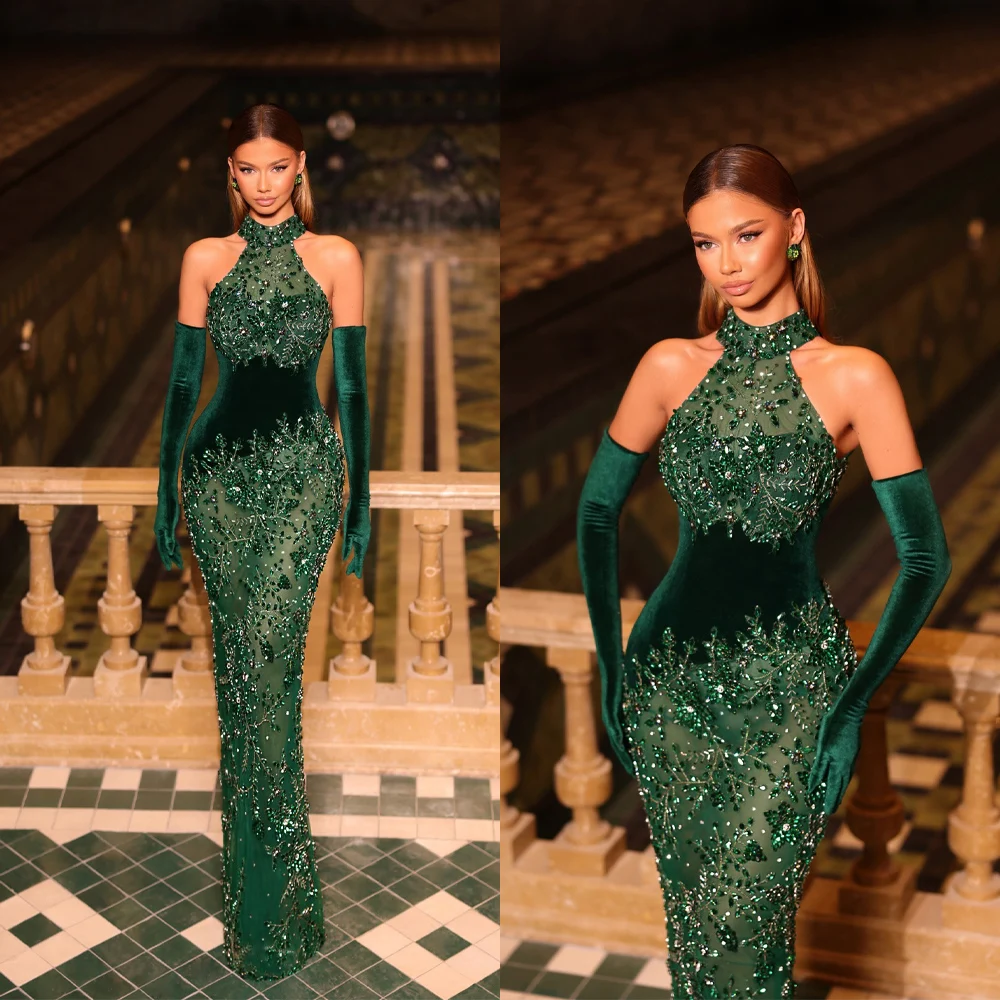 Vintage Mermaid Evening Dresses For Women Halter Neck Sleeveless Gown Velvet Crystal Sequins Sweep Train Dress Party Customized