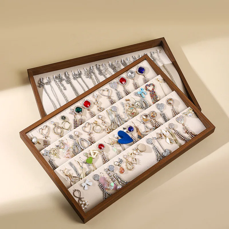 Schmucktablett aus Walnussholz mit Samtfutter, stapelbarer Organizer für Ringe, Halsketten, Armbänder, zur Aufbewahrung und Messe