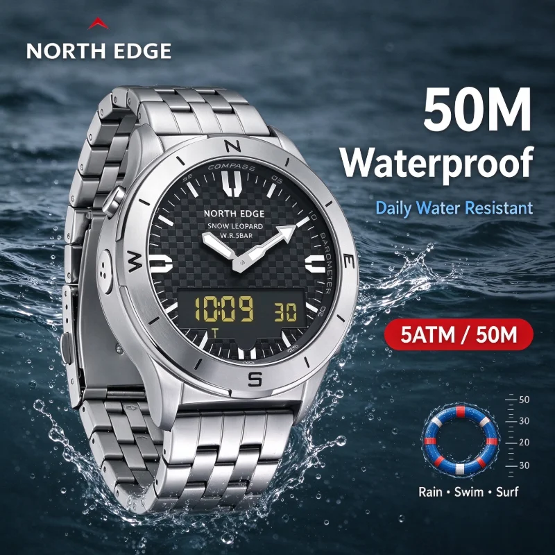 NORTH EDGE Men's Digital Sports Watch with Steel Band 50M Water-Resistant Altimeter Barometer Compass Features for Military Outd