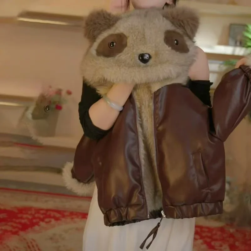 Cute Style Children Winter Warm Leather Jacket with Panda Hoodies for Boy Girls Fashion Thick Clothing Kids Hooded PU Coat 2-14Y