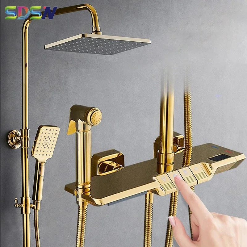 Gold Piano Digital Bathroom Shower Set 12 Inch Rain Shower Head Hot Cold Bathroom Faucet Thermostatic Digital Shower System