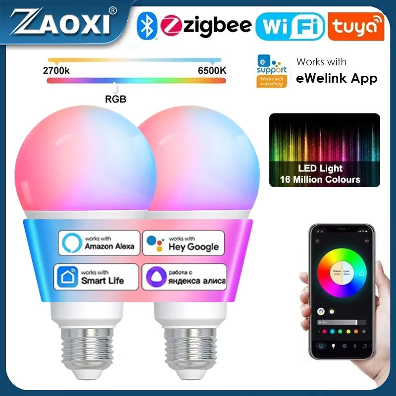 

ZAOXI Tuya E27 Light Bulb WIFI Zigbee Bluetooth Dimmable LED Light 2700-6500K RGB Smart Life APP Voice With Alexa Google Home