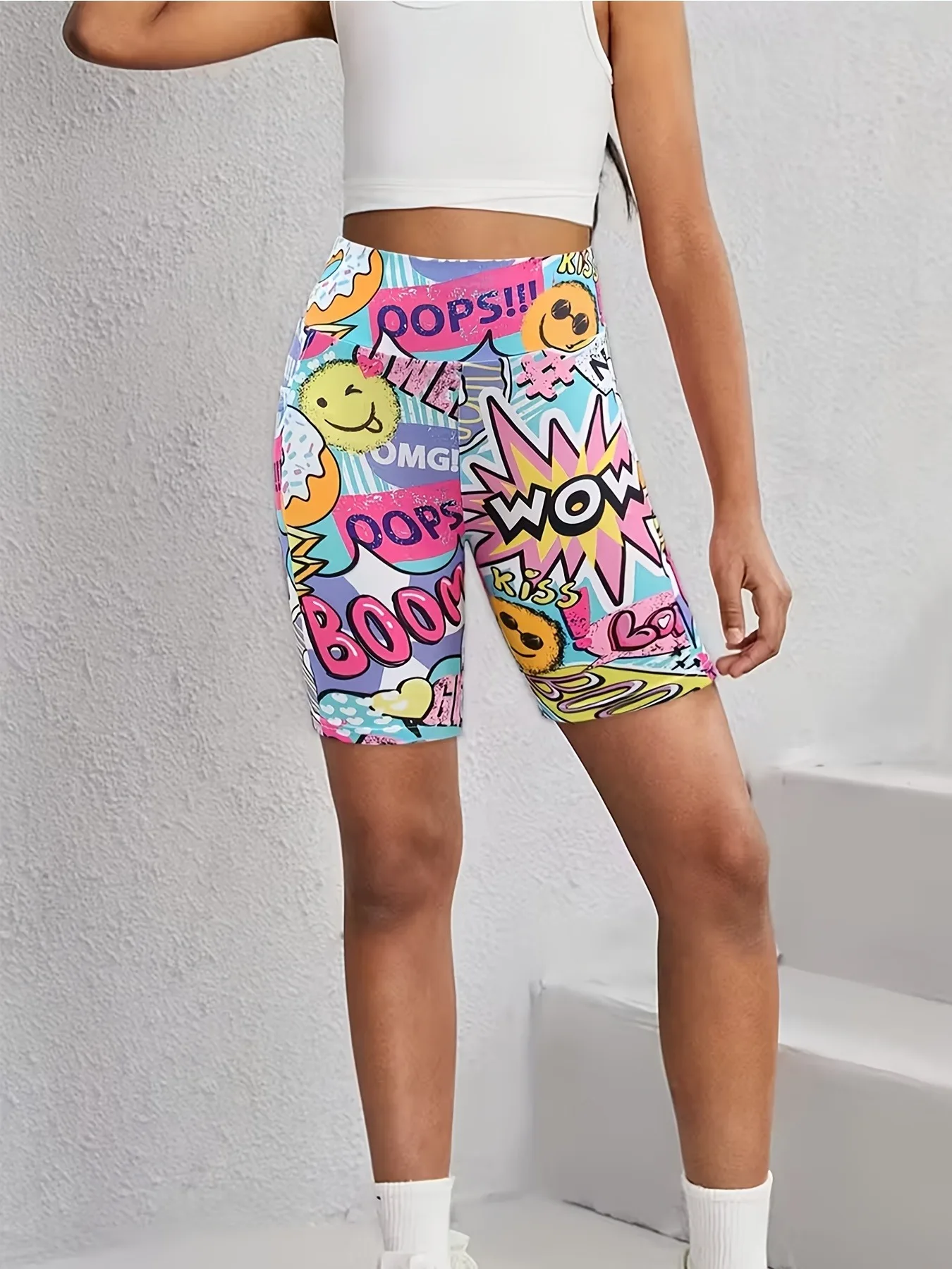 Kids Girls Cartoon Graffiti Print High Waist Stretch Biker Shorts Yoga Dance Sport Activewear Bottoms