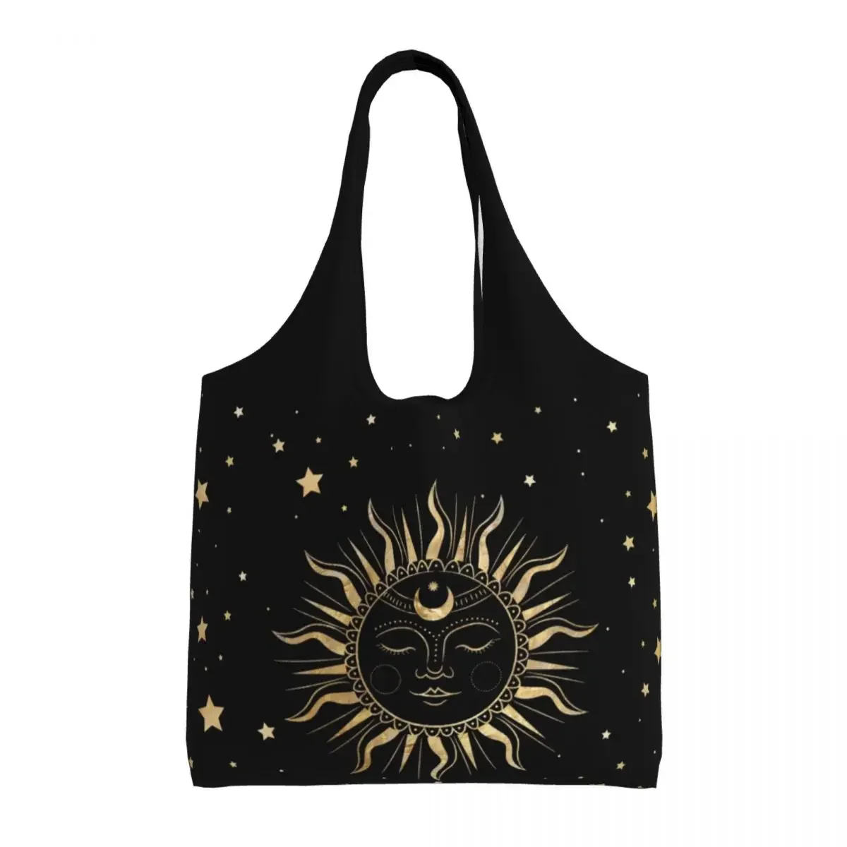 Custom Sun And Moon Celestial Gold Art Groceries Tote Shopping Bags Women Canvas Shoulder Shopper Bag Large Capacity Handbags