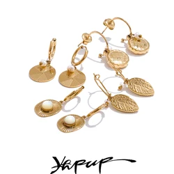 Yhpup New French Style 316L Stainless Steel Round Leaf Drop Hoop Earrings Gold PVD Plated Charm Waterproof Thicker Shell Jewelry