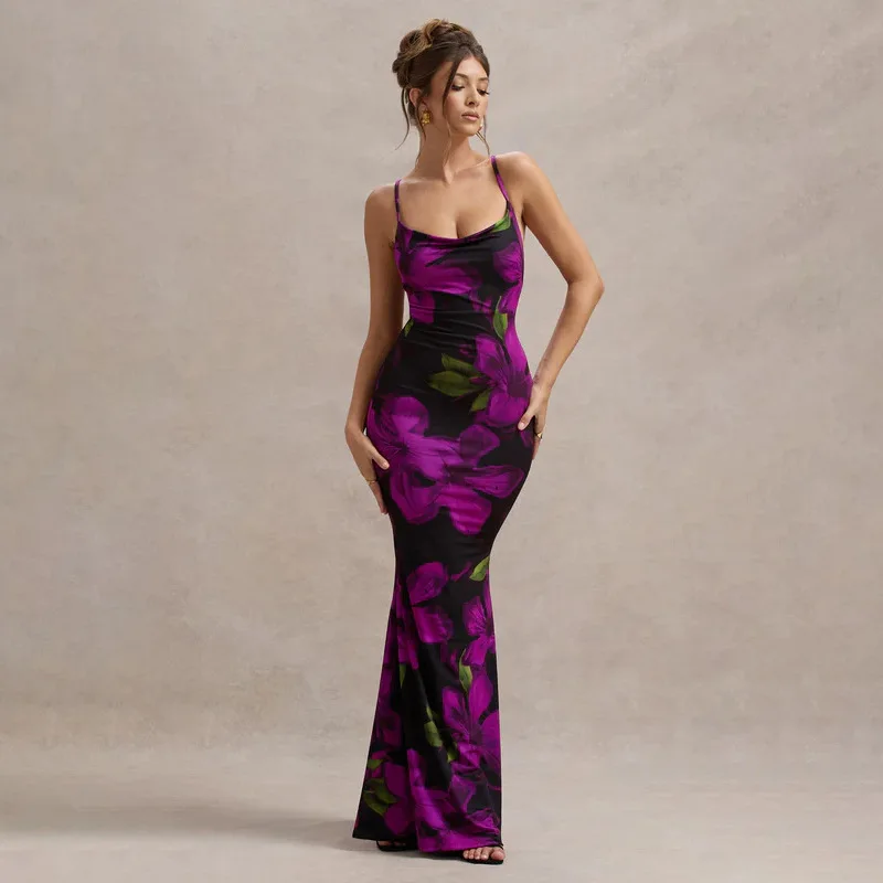 

Women's Purple Floral Print Spaghetti Strap Maxi Dress Fashion Crisscross Back Bodycon Gown Elegant Outfit For Proms Parties