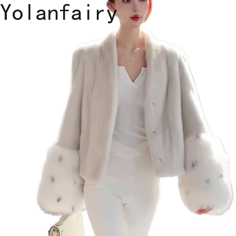 YOLANFAIRY winter mink fur coat Imported fox whole fur Cuffs made of mink fur Short women's mink coat winter шуба женская 2025