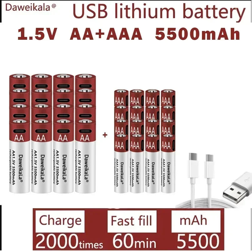Neue wiederaufladbare AA 1,5 V 5500 mAh/1,5 V AAA 5500 mAh Lithium-Batterie Taschenlampe Spielzeug Uhr MP3-Player Lithium-Batterie Ersatz