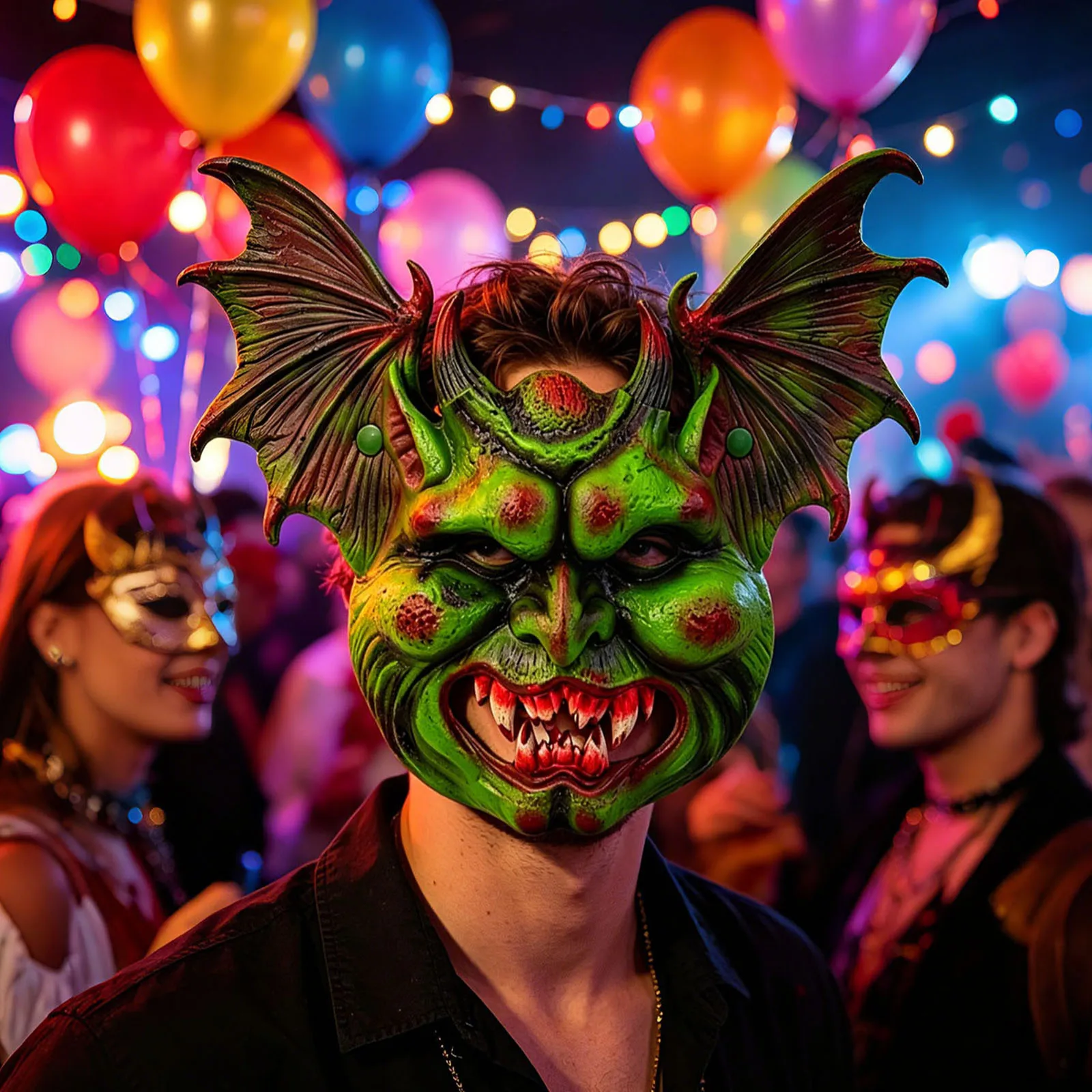 Halloween Green Demon Latex Mask With Bat Wings Scary Fangs Horror Cosplay Costume Prop For Adult Party Carnival Dress Up