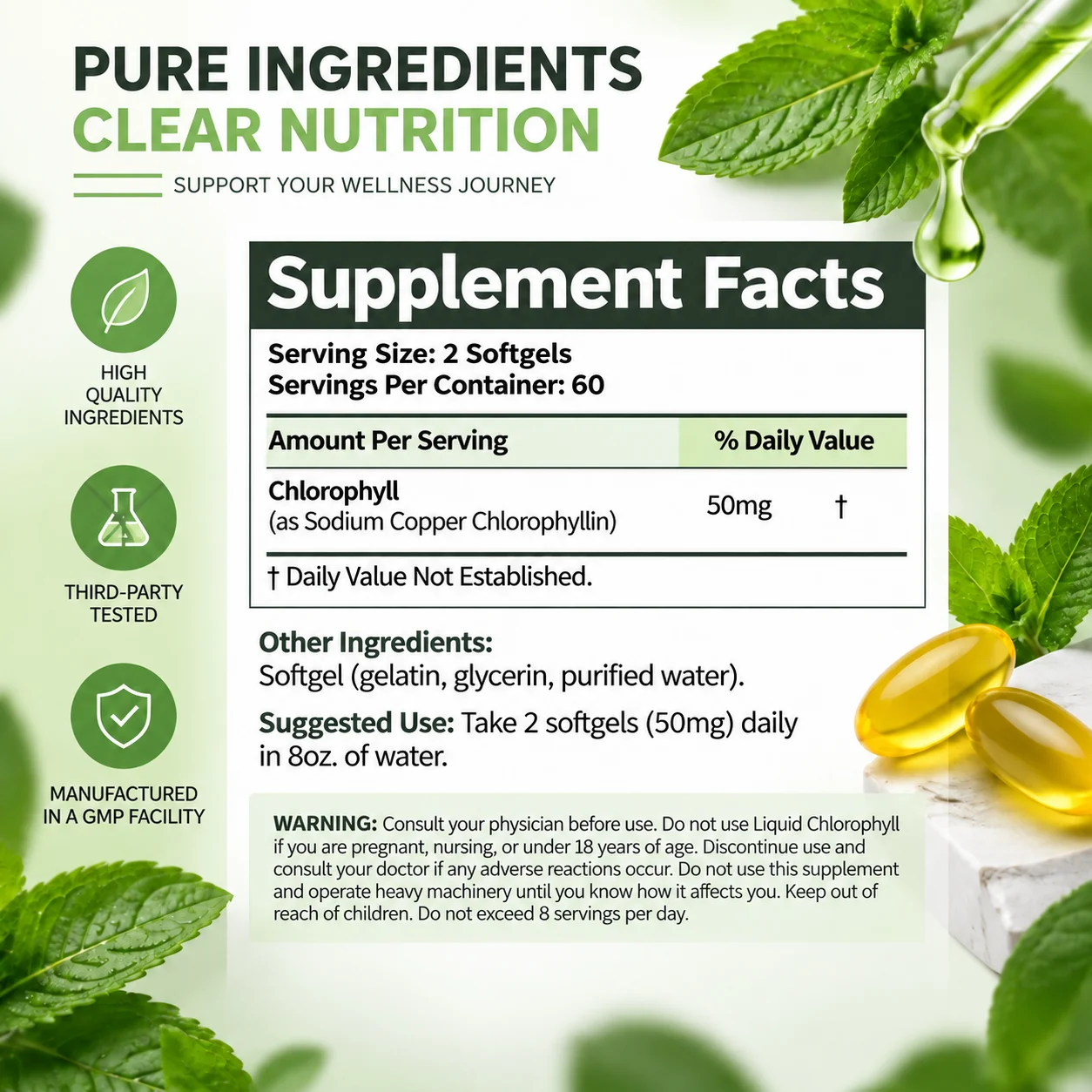 Chlorophyll Capsules - Cleanse & Detox, Antioxidant, Reduces Eye Fatigue, Promotes Skin and Digestive Health, Enhances Immunity