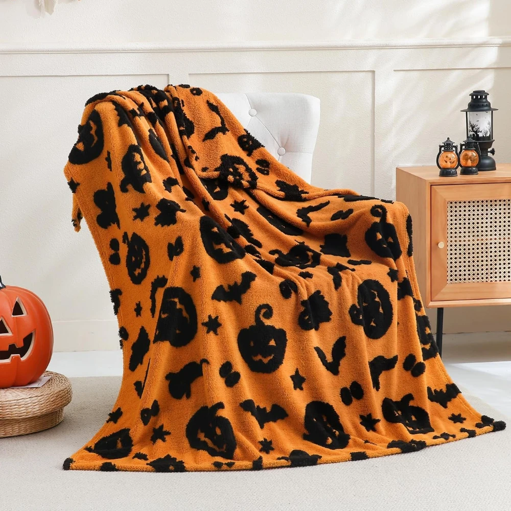 

Жаккардовое одеяло на Хэллоуин, нечеткае, мягкое, уютное, теплое, с тыквой, призраком, осеннее декоративное одеяло для дивана, дивана-кровати, одеяло 100x150/200 мм