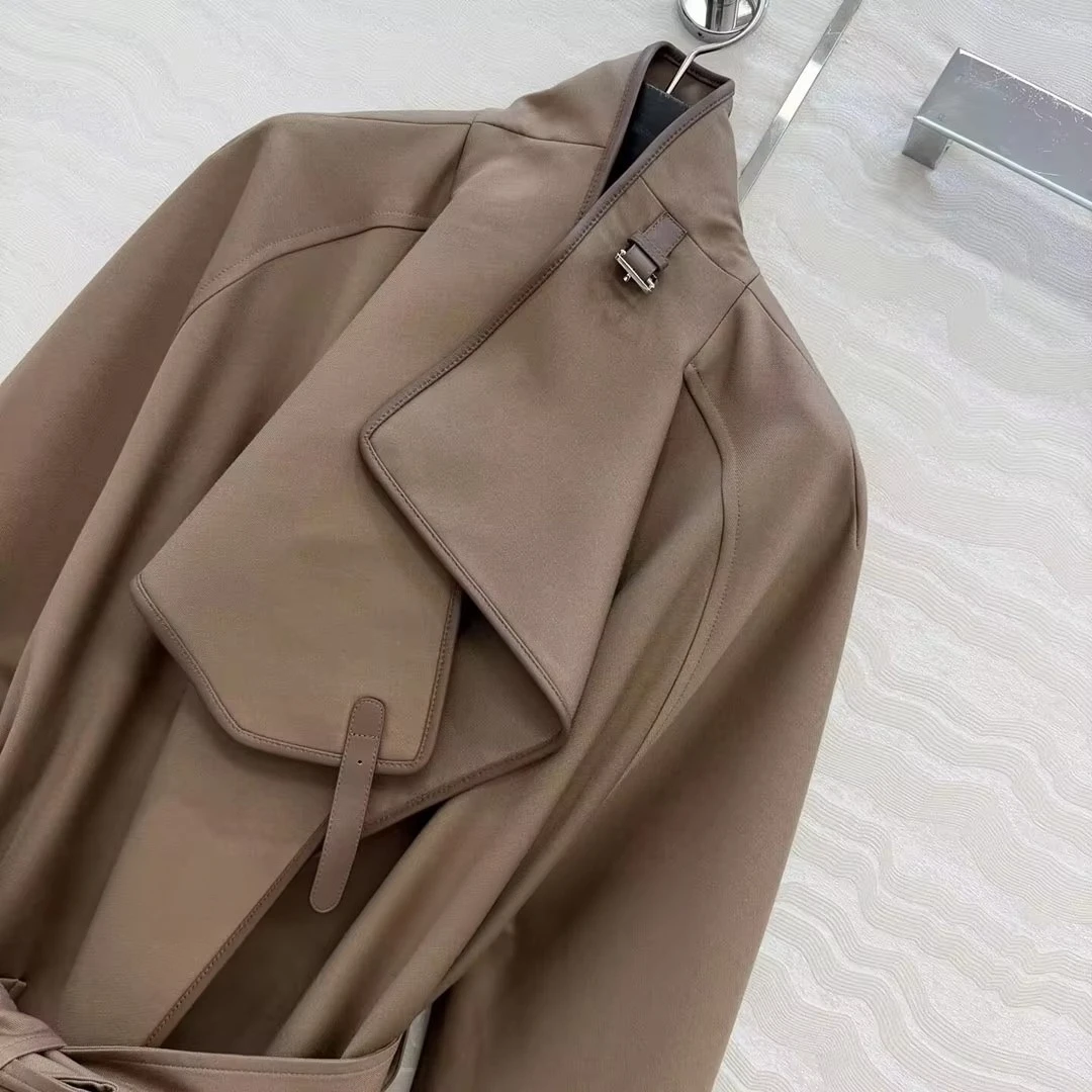 2026 New Fall Winter Fashion Elegant 100% Sheepskin Edging Design Trench Coat Women Lapel Long Sleeve Belt Solid Color Outwear