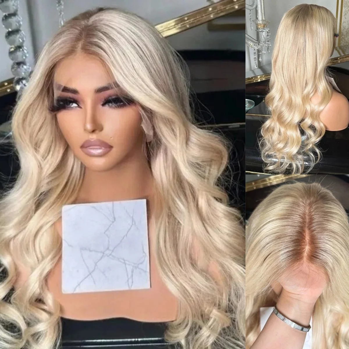 Wig Wanita Model Body Wave Sintetis, Highlight Cantik Omber Pirang Muda, Wig Lace Front Trendi Murah untuk Penggunaan Sehari-hari dan Pesta
