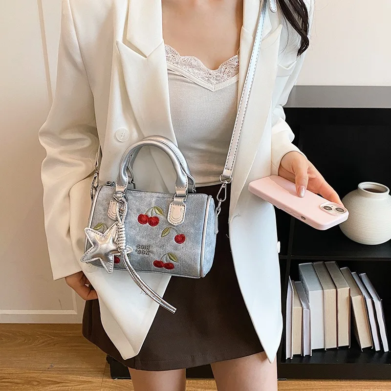 2026 New Cherry Embroidered Denim Boston Bag for Women, Retro Niche Handbag, Versatile Crossbody Purse