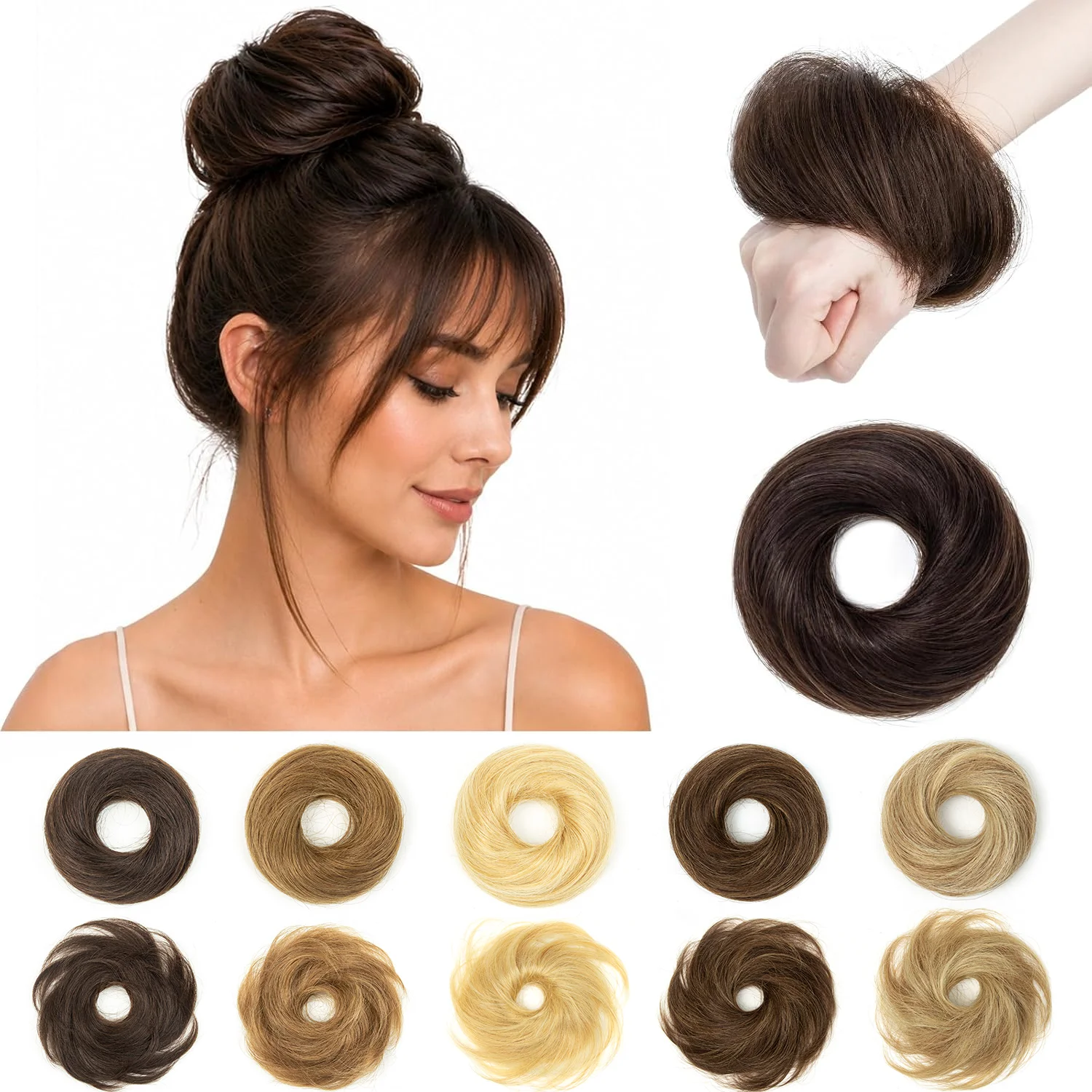 Hair Bun 100% Human Hair Natural Straight Messy Bun Hair Piece with Elastic Scrunchie for Women and Girls 1 PCS Dark Brown