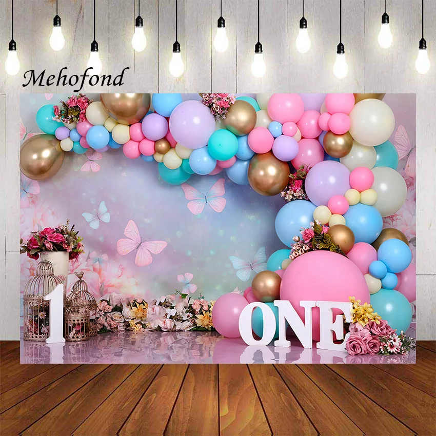 Mehofond Photography Background Wonderland Flowers Butterfly Balloons Girl 1st Birthday Cake Smash Decor Backdrop Photo Studio