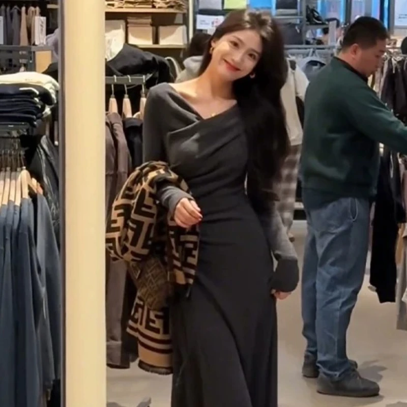 Gray Wrap around Long Dress Women's Fashion Autumn 2026 Early Spring Inner Wear Base Layer City Walk Three Quarter Sleeve Dress