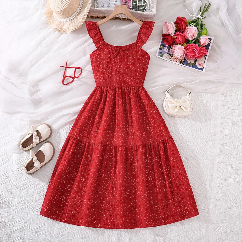 Ruffle Strap Red Speckled Dress for Girls 8-12, Summer Daily A-Line Tiered Skirt with Back Bow Decor Sundress