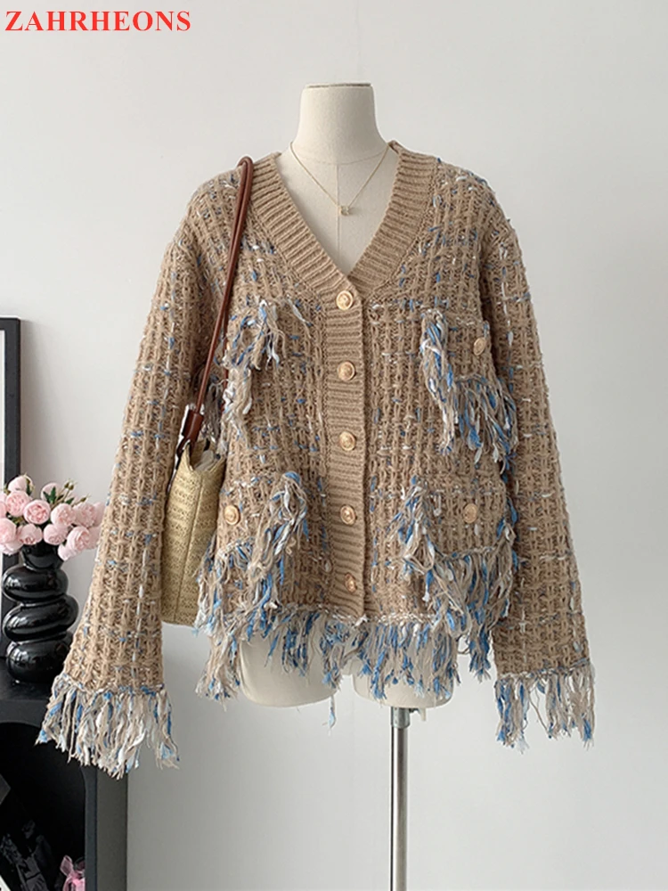 Temperament Korean Fashion Knitted Tassel Edge Thickened Mixed Color Cardigan Jacket Women's Small Fragrant Sweater Knitted Coat