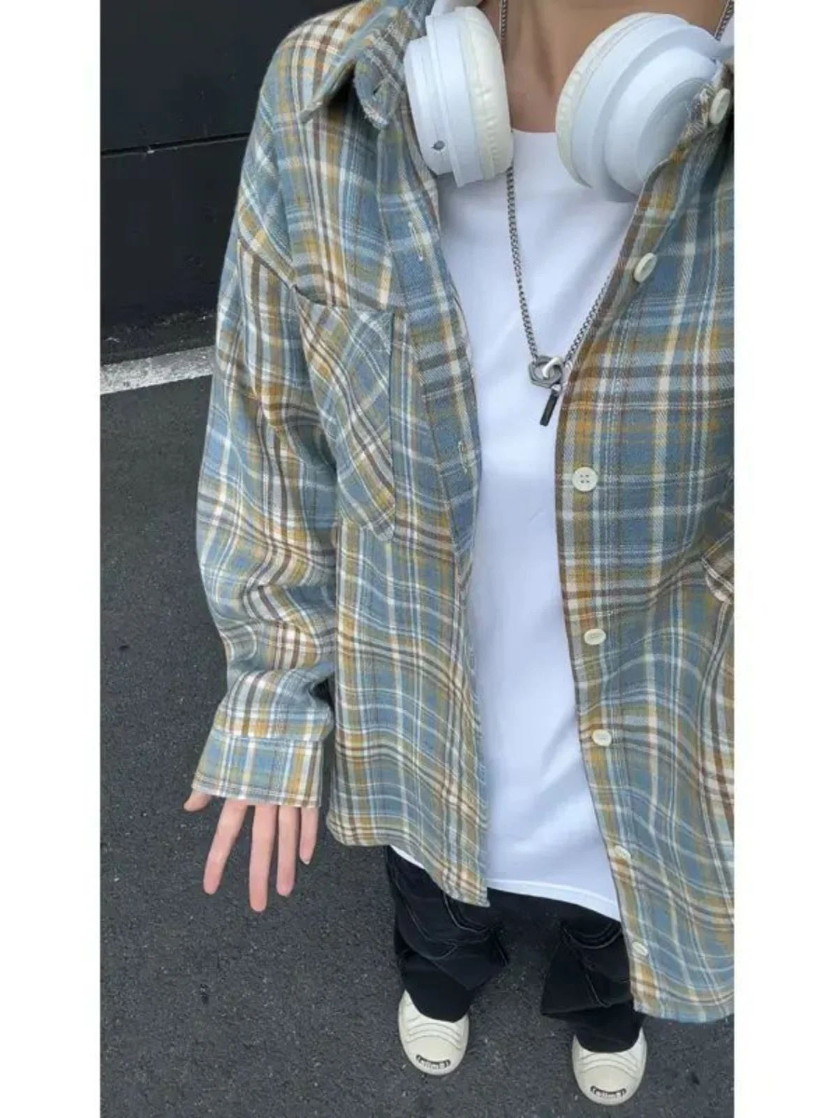 

American College Sle Plaid Long Sve irt Cardigan Outerwear Neutral High-End Feeling Men's Autumn Initial Jaet
