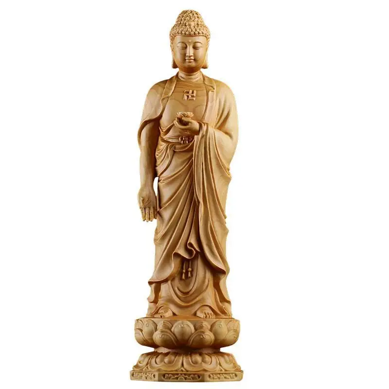 Wood Carving the Buddha Figurine Amitabha Statue Sculpture Home Living Room Decoration Buddhist Supply Art Crafts Ornament