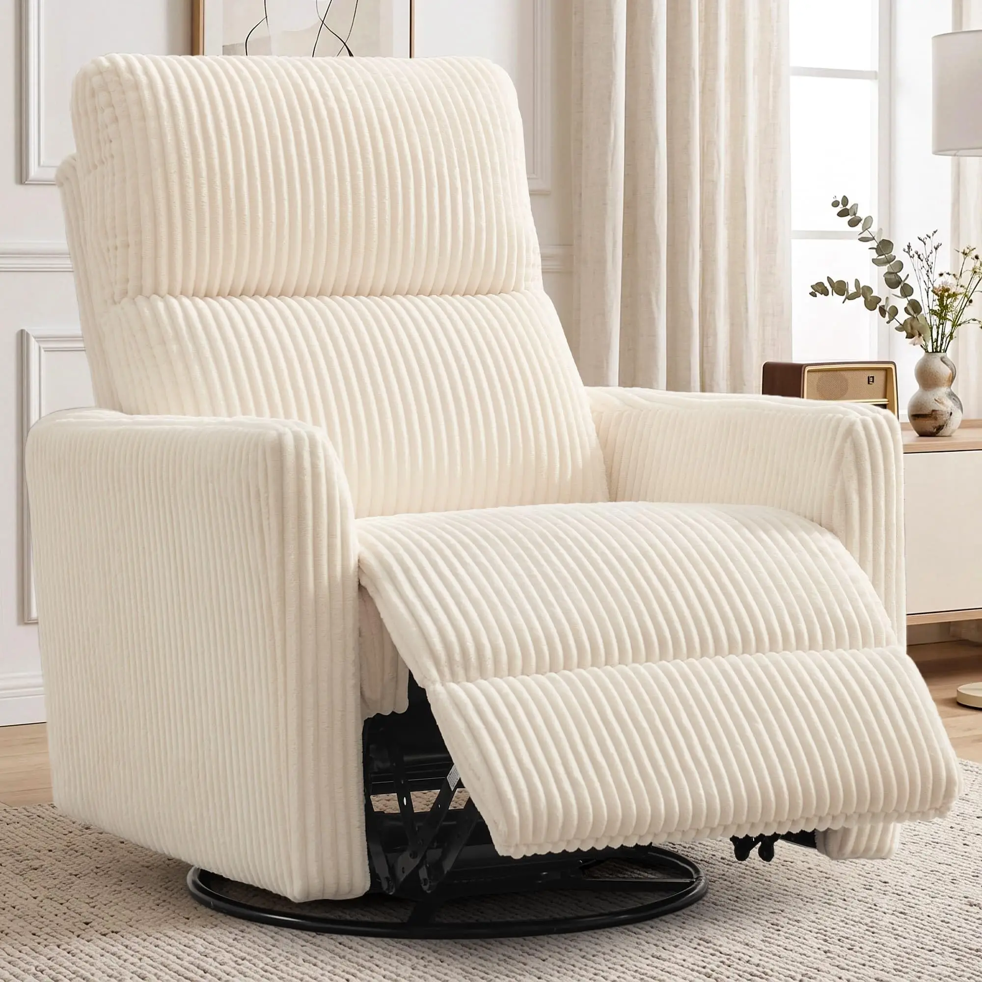 360° Swivel Glider Rocker Manual Recliner Chair, High Back Reclining Chair with Curved Armrests, Beige Corduroy