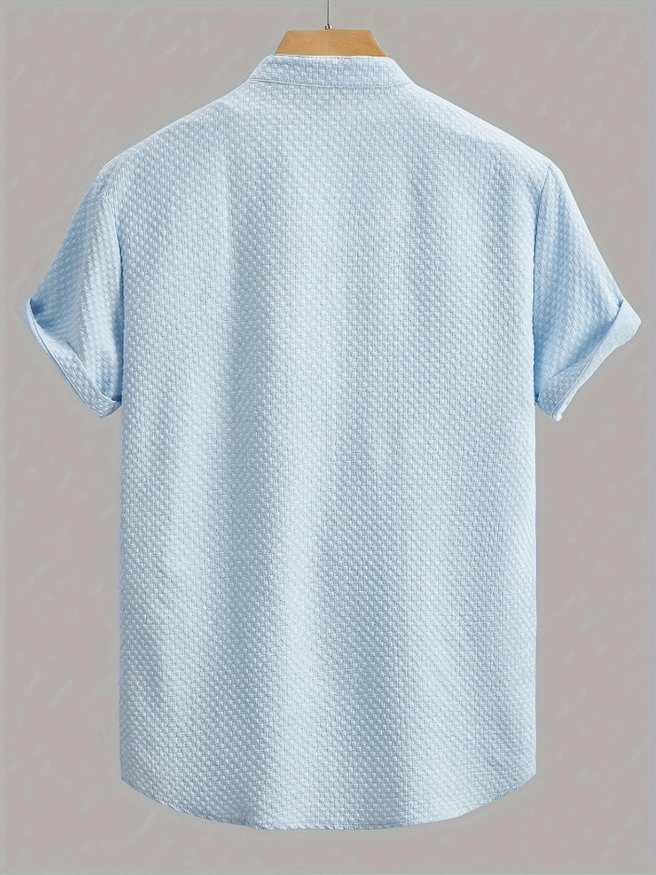 Men's Casual Solid Color Stand Short Sleeve Button Down Shirt Textured Collared Summer Beach Shirt
