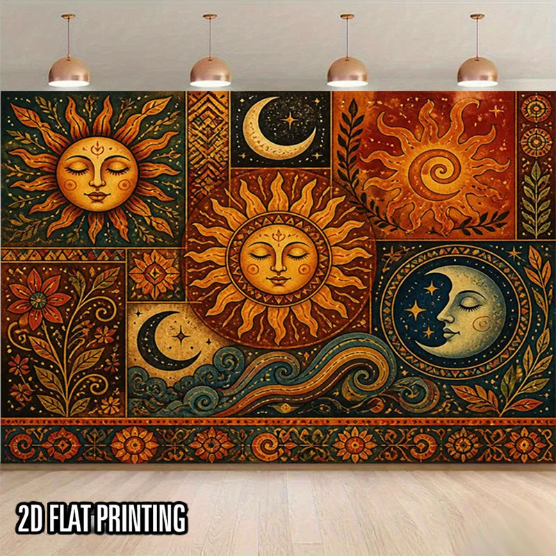 Boho Sun Moon Tapestry, Vintage Celestial Floral Patchwork Wall Hanging, Mystic Tapestry for Bedroom Living Room Dorm Home Decor
