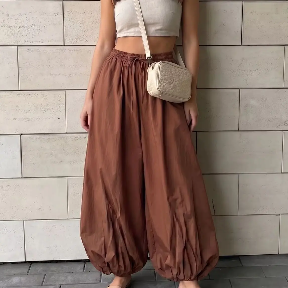 WXOY Women High Waist Loose Pants Pleated Wide Leg Cotton Baggy Trousers French Street Style Casual Solid Color Outfit