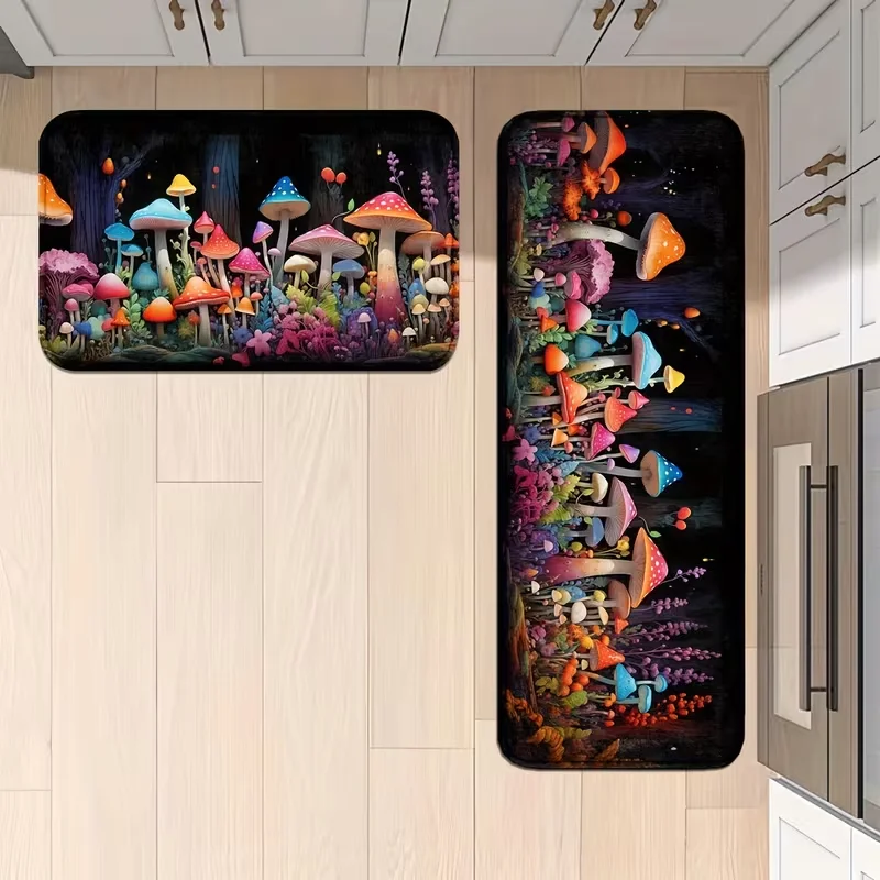 VIKAMA 2-Piece Fantasy Colourful Mushroom Kitchen Mat Soft and Comfortable Bedroom Rug Non-Slip Entrance Doormat Home Decor
