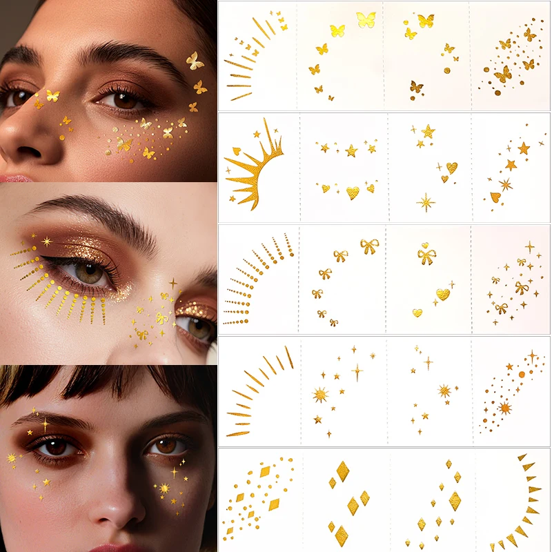 12pcs Gold Face Tattoo Sticker Glitter Star Moon Heart Bow Fake Freckles Makeup Patches Temporary Tattoo Sticker for Music Party