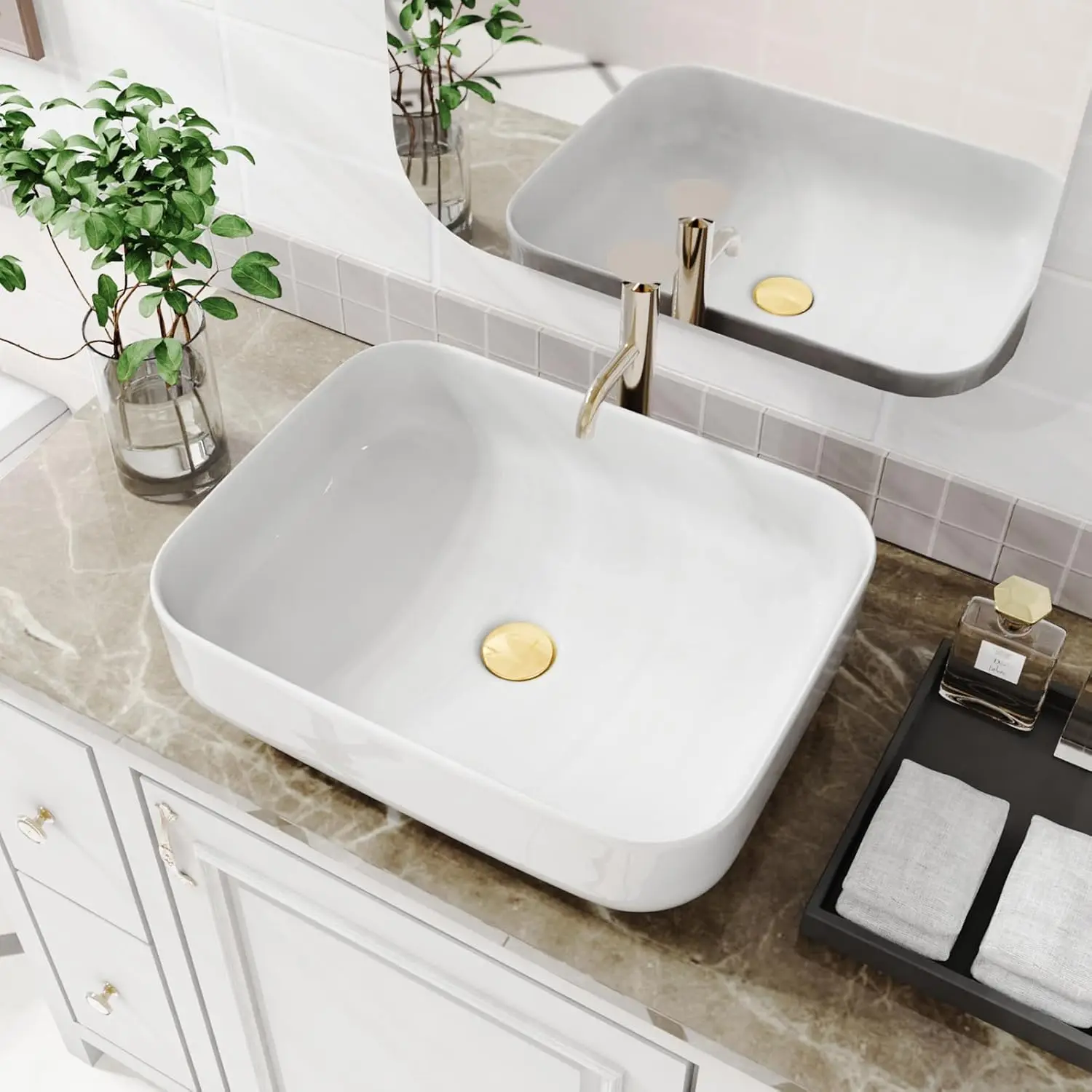 Modern Bathroom Vessel Sink Rectangle Counter Porcelain Ceramic Top Mount Glossy White 19.7