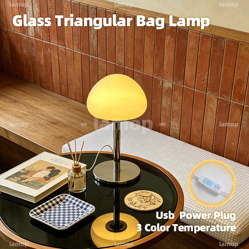 Triangular‑Pouch Glass Table Lamp,3‑Gear Dimmable Diffused Light,Pastoral Style Lamp for Leisure Reception Desktop