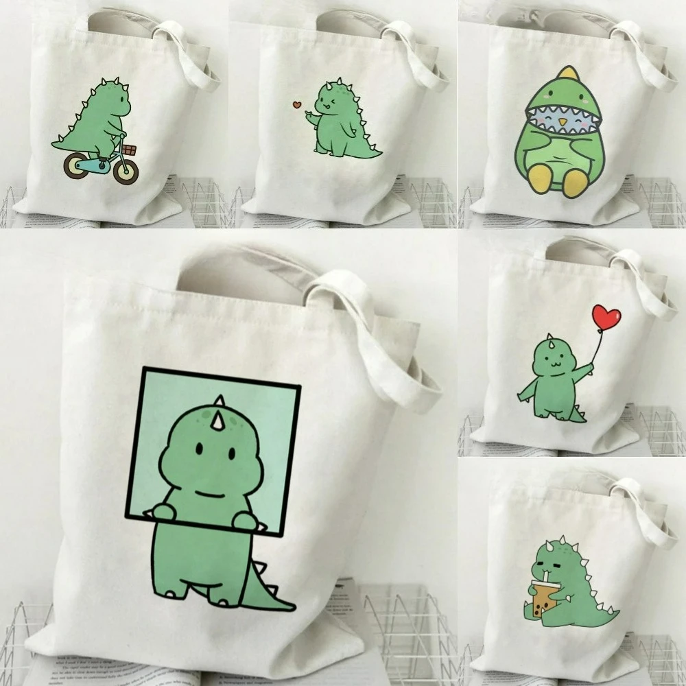 

Женские сумки на плечо с рисунком зеленого динозавра, холщовая сумка-тоут в стиле Харадзюку, сумка-шоппер большой вместимости, экологичные женские сумки