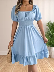 Women's Boho Square Neck Puff Short Sleeve Self Tie Front A Line Dress