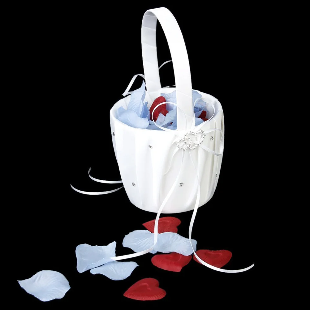 الأبيض 15X15 سم وسادة خاتم الساتان تألق حجر الراين مزدوجة القلب مشبك لحفل الزفاف سلة للزهور