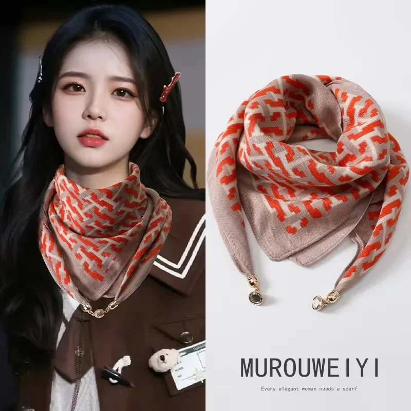 2026 New Warm Square Scarf Magnetic Suction Buckle Triangular Silk Scarf Cotton Scarf Women's Spring Autumn Winter Foreign Style Scarf Temperament Versatile