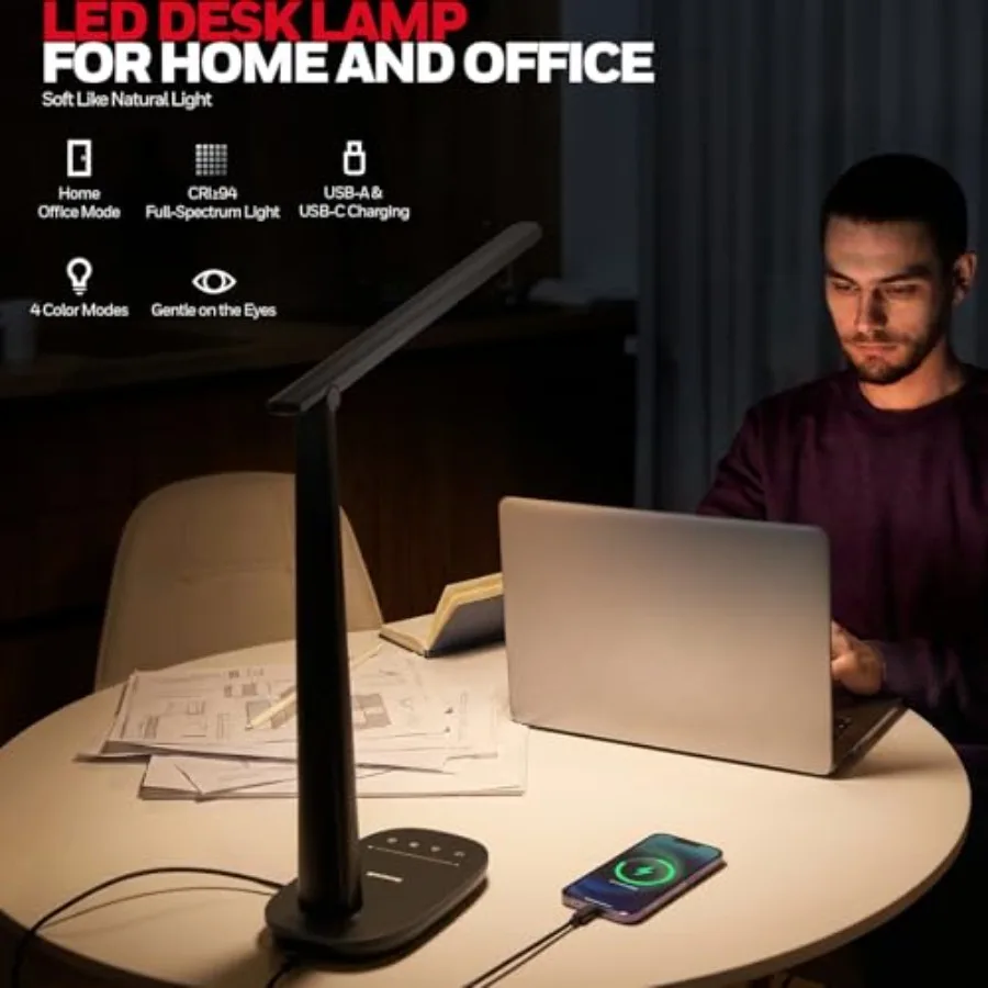 LED Desk Lamp for Home Office, Eye-Caring Dimmable Reading Light with 4 Color Modes, Touch Control, USB-A and USB-C Charging Po