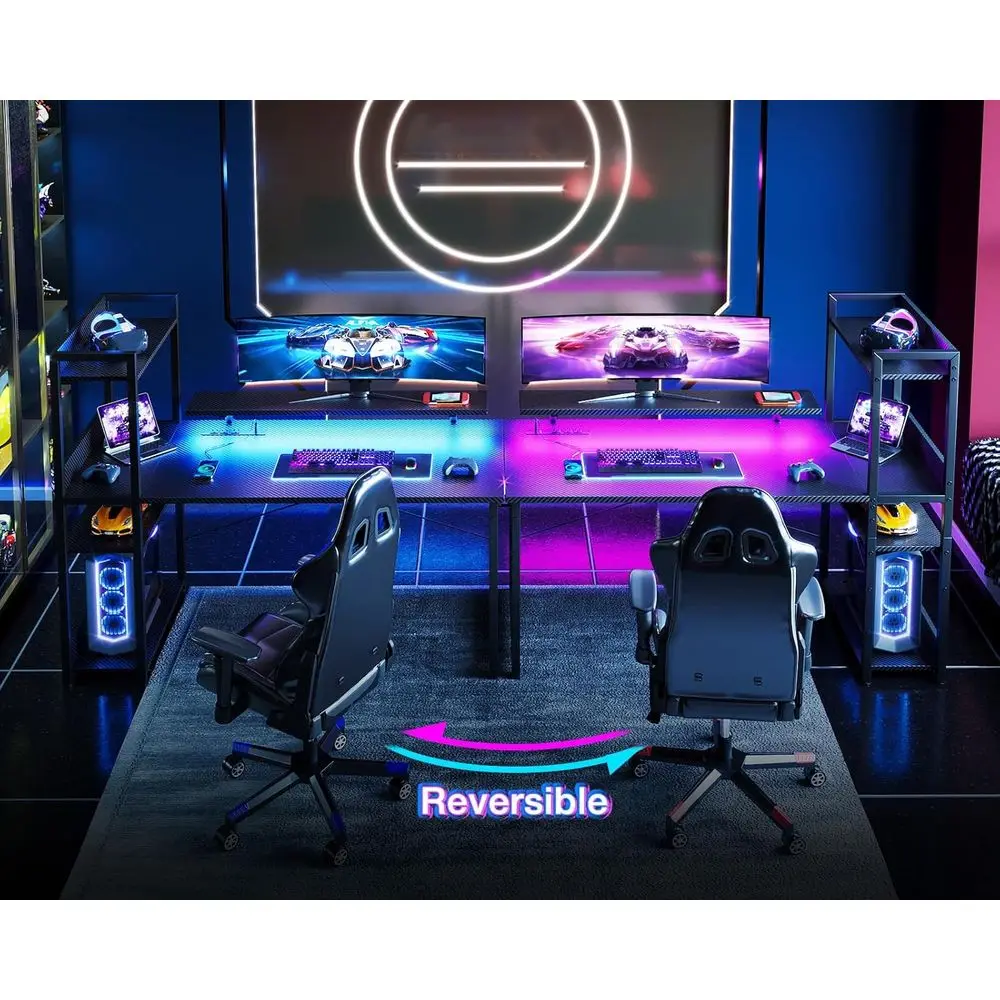 مكتب ألعاب قابل للعكس مع منافذ طاقة وأضواء LED، مكتب كمبيوتر مقاس 48 بوصة مع أرفف تخزين وحامل شاشة، حديث مع